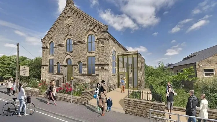 Elland Community Hub building on a sunny day, a welcoming peer support space